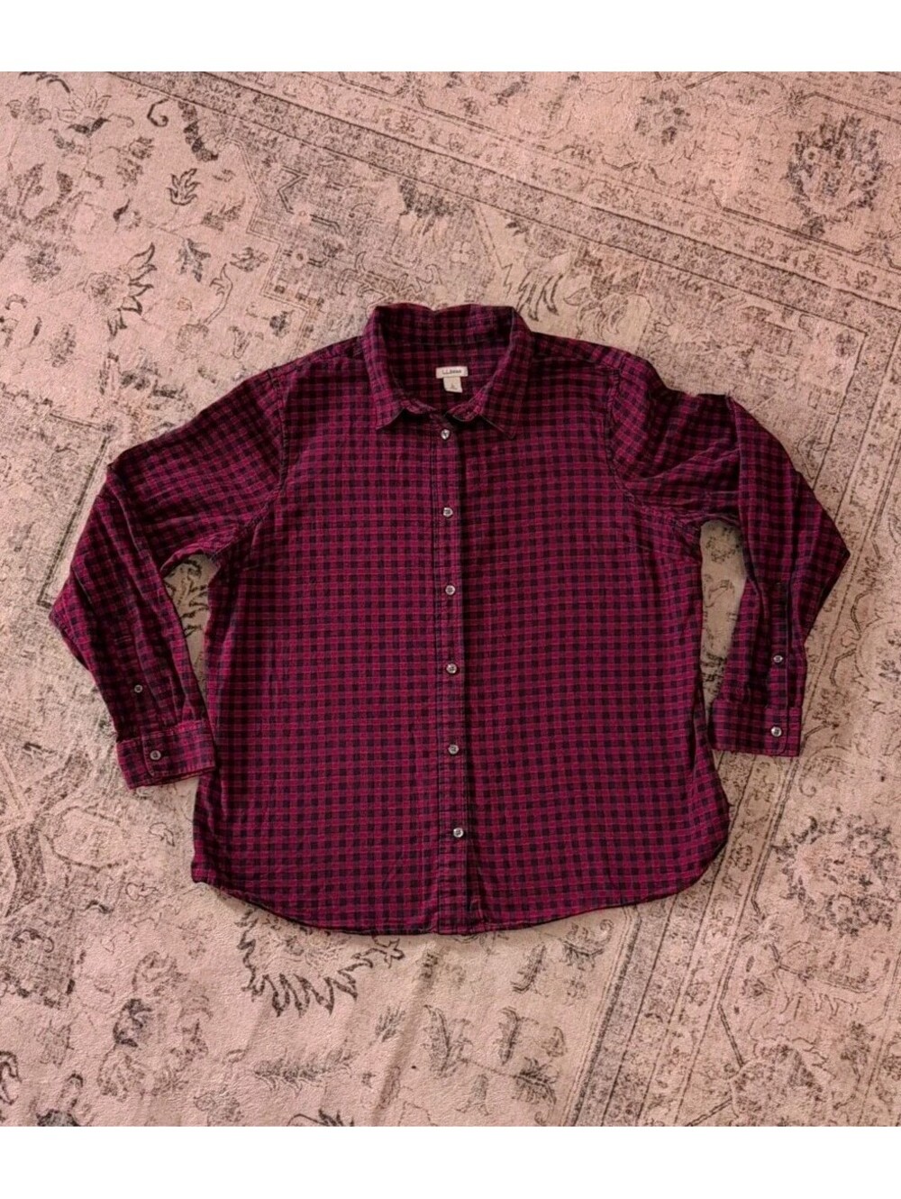 LL Bean Womens Red Plaid Long Sleeve Button Up Shirt Size L Check Cotton VTG